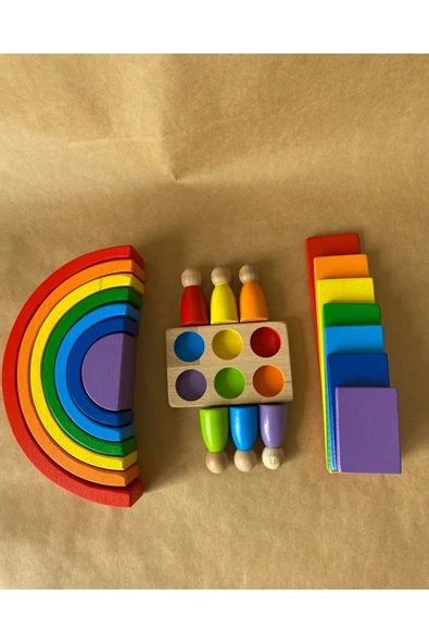 7 Li Waldorf Gökkuşağı, Dikdörtgen Düz Tabla Seti Ve 6 Lı Insan Figürleri Oyun Seti