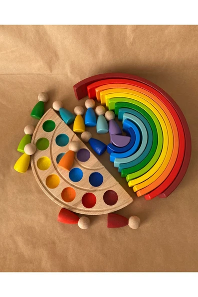 1 Yaş 12'li Waldorf Gökkuşağı Peg Bebek Tabla Seti, Gökkuşağı 12 Li Renk Eşleştirme Ahşap Oyuncak ürün görseli 1