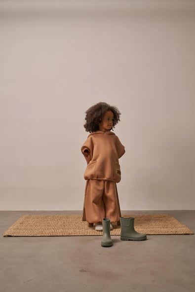 Sütlü Kahve Nakışlı Cepli Hoodie Takım - Resim 3