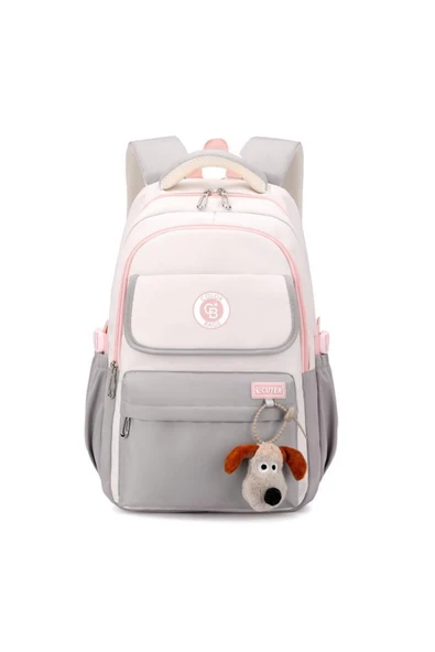 Kız Çocuk İlkokul Çantası – Peluş Anahtarlıklı, Su Geçirmez Kumaş Siyah- Pudra-Gri Pembe - 4