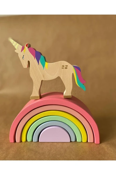 Ahşap Waldorf Unicorn Gökkuşağı Değnek Oyuncak Seti Masal Oyuncakları - Resim 3