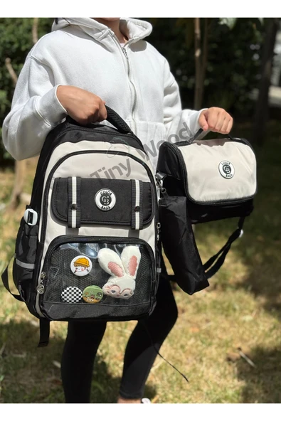 Kawaii Kore Tarzı Aksesuarlı Ve Ergonomik Okul Sırt Çantası Siyah-Bej-Gri| Beslenme, Kalemlik Set - 10