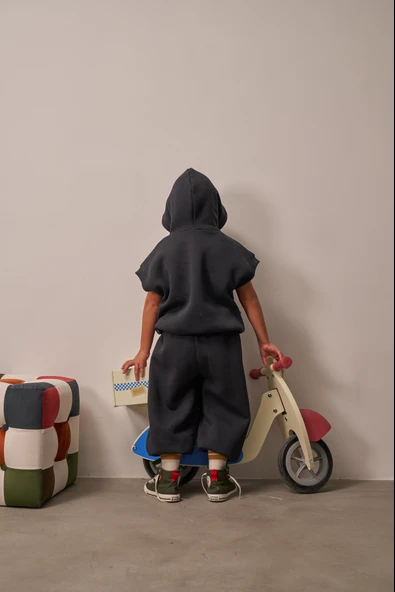 Koyu Gri Nakışlı Cepli Hoodie Takım - Resim 6