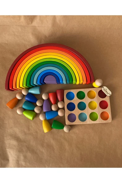 1 Yaş 12'li Waldorf Gökkuşağı Peg Bebek Tabla Seti, Waldorf Renk Eşleştirme Ahşap Oyuncak Seti - 2