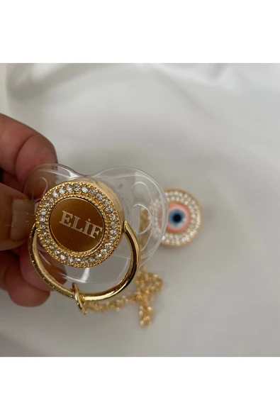 Altın Kaplama İsimli Zirkon Taşlı Silikon Emzik Seti (0-6 Ay) – Damaklı & Kişiye Özel Şeffaf - 6