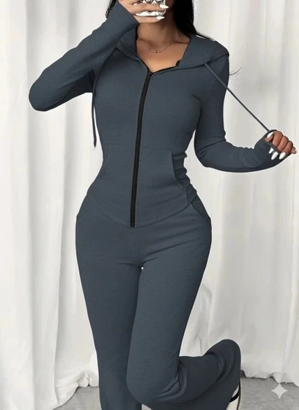 Kadın Uzun Kollu Kapşonlu Bağcıklı önü Fermuarlı Viskon Iki Iplik Bluz Ve Pantolon Ikili Takım ürün görseli