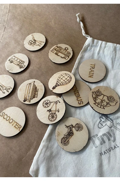 Doğal Ahşap Eğitim Kartları: Araçlar Serisi İngilizce Kelime Kartları