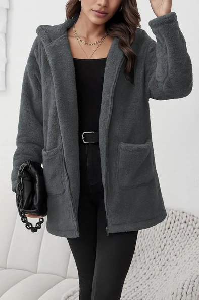 MDB Kadın Uzun Kollu Kapşonlu önden Fermuarlı Cepli Welsoft Ceket - Resim 3