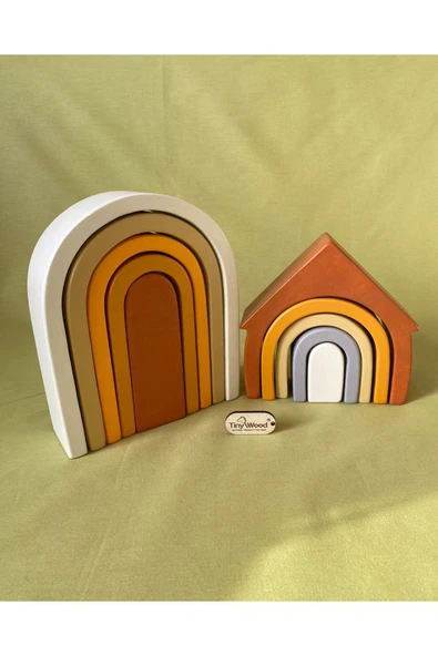 Waldorf Gökkuşağı Ev ve Ahşap U Şekli Waldorf Renkli Doğal Ahşap Eğitici Bebek Çocuk Oyuncak Seti - 3