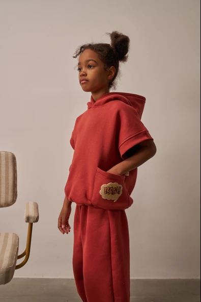 Kiremit Nakışlı Cepli Hoodie Takım - Resim 6