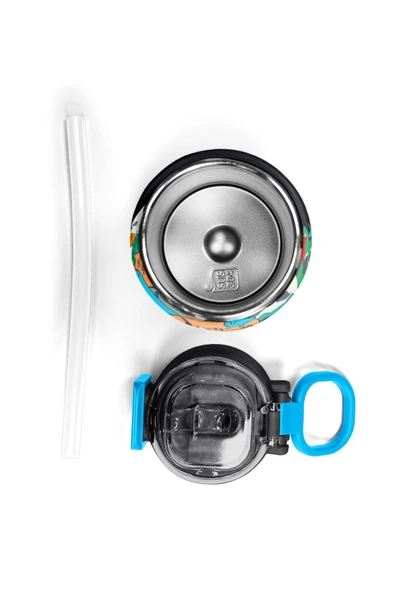 Siyah Karikatür Çizgili Desenli Pipetli ve Direkt İçim Çelik Termos 500 ml okul termos matara - 7