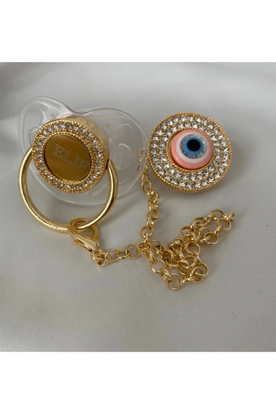 Altın Kaplama İsimli Zirkon Taşlı Silikon Emzik Seti (0-6 Ay) – Damaklı & Kişiye Özel Şeffaf - 5