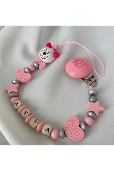 İsimli Emzik Zinciri – Doğal Ahşap Emzik Askısı – El Yapımı Bebek Hediyesi - 5