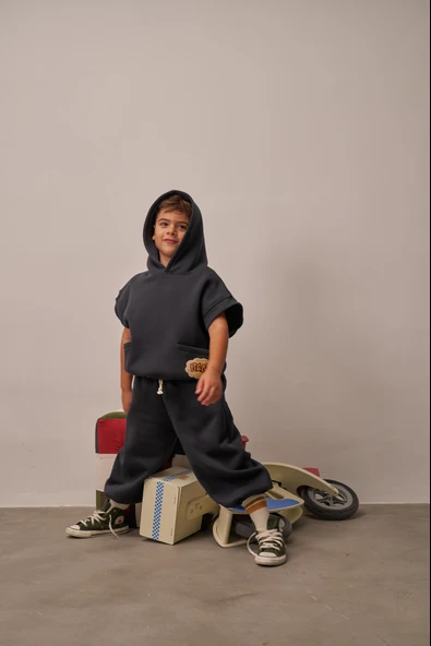 Koyu Gri Nakışlı Cepli Hoodie Takım - Resim 2