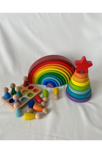 12'li Waldorf Gökkuşağı, Yıldız Kule, Peg Bebek Tabla Seti, Waldorf Eğitsel Ahşap Oyuncak Jumbo Set - Resim 2