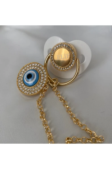 Altın Kaplama Nazar Boncuklu İsimli Emzik Zinciri Seti – Kişiye Özel Zirkon Taşlı Bebek Emziği - 2