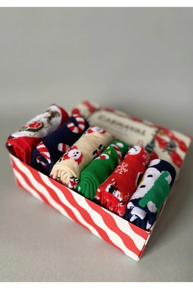Yılbaşı 6’lı Desenli Çorap Seti | Unisex Hediye Kutulu Kış Temalı Çoraplar - 4