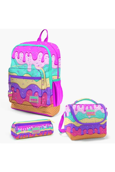 Pembe Rengarenk Dondurma Desenli 3’lü Okul Çanta Seti İlköğretim Okul Çantası, Beslenme ve Kalemlik