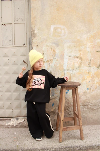 Siyah Retro Baskılı Çocuk Alt Üst Takım - Resim 5