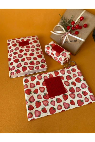 Çilek-Baykuş Desenli Deri Kaplı Defter Seti | 14x20 cm Çizgili Defter