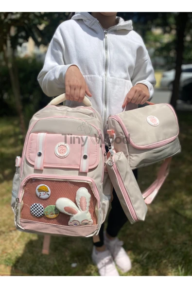 Kawaii Kore Tarzı Aksesuarlı Ve Ergonomik Okul Sırt Çantası Siyah-Bej-Gri| Beslenme, Kalemlik Set - 3