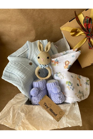 Organik Müslin Tulumlu Bebek Hediye Seti | Amigurumi Çıngıraklı - 3