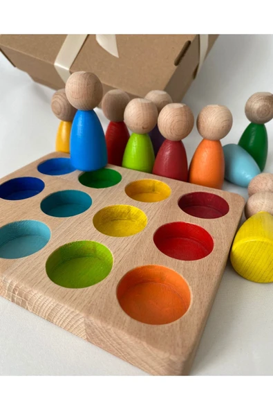 Waldorf Renkli Peg Bebek Ve Tabla Eşleştirme 12 Li İnsan Figür, Eğitici Bebek Oyuncak Ahşap Oyuncak - 4