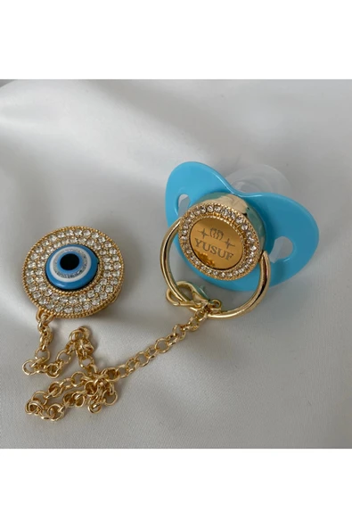 Altın Kaplama İsimli Zirkon Taşlı Silikon Emzik Seti (0-6 Ay) – Damaklı & Kişiye Özel Mavi Nazarlık - 5