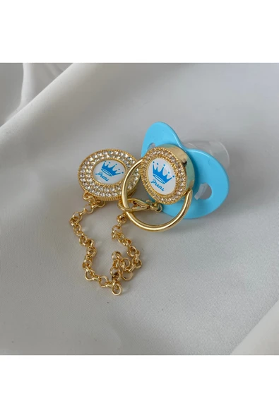 Altın Kaplama ''Prenses” Yazılı Emzik Seti – Zirkon Taşlı Pembe ve Emzik Zincir