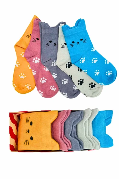 5’li Kedi Şekilli Renkli Çorap Seti | Hediye Kutulu Unisex Pamuklu Çoraplar - 2