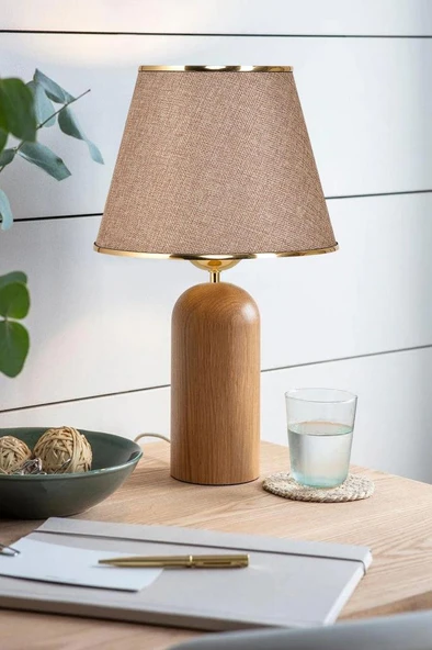 Silos Masif Ahşap Ayaklı Gold Detaylı Kumbeji Kumaş Şapkalı Dekoratif Abajur ürün görseli