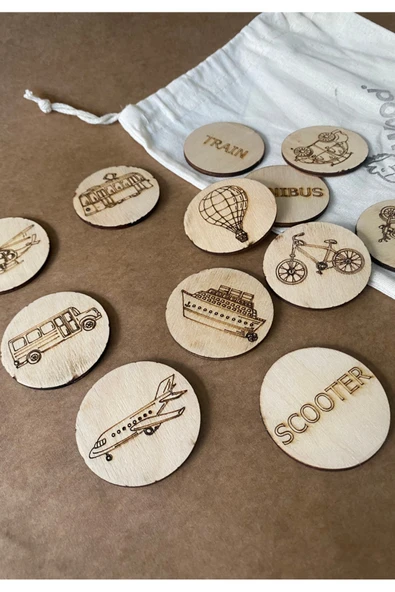 Doğal Ahşap Eğitim Kartları: Araçlar Serisi İngilizce Kelime Kartları - 2