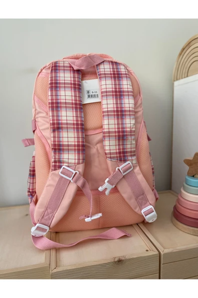 Kız Çocuk İlköğretim Çantası Ultra Hafif ilkokul / Ortaokul Okul Çantası Pembe- Pudra Ekose Cep - 7