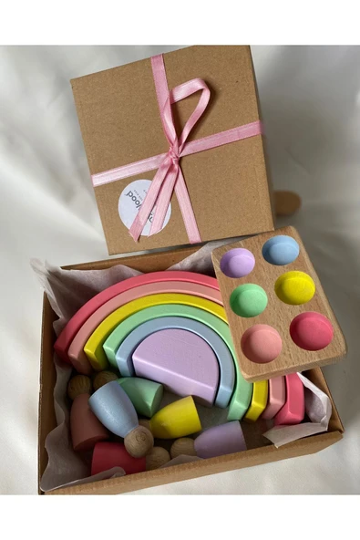 Waldorf 6 Parçalı Gökkuşağı, 6 Lı Peg Bebek Tabla Seti Pastel Renk Eşleştirme - 3