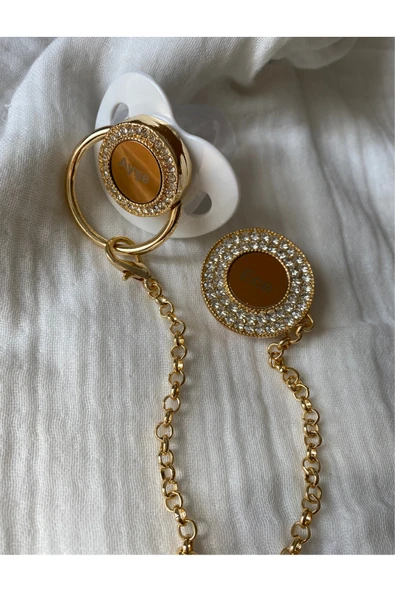 Altın Kaplama İsimli Zirkon Taşlı Silikon Emzik Seti (0-6 Ay) – Damaklı & Kişiye Özel Krem Beyaz - 2