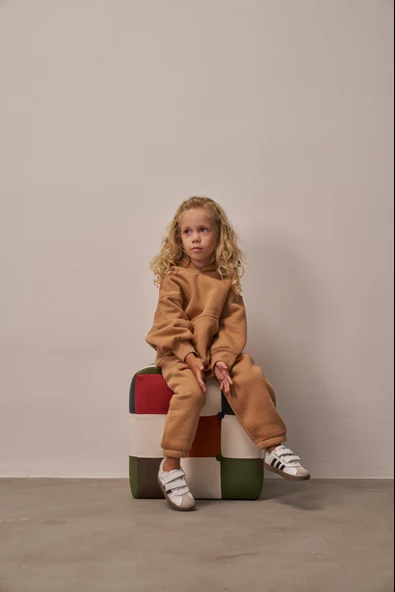 Sütlü Kahve Çocuk Kanguru Cepli Oversize Eşofman Takımı - Resim 6