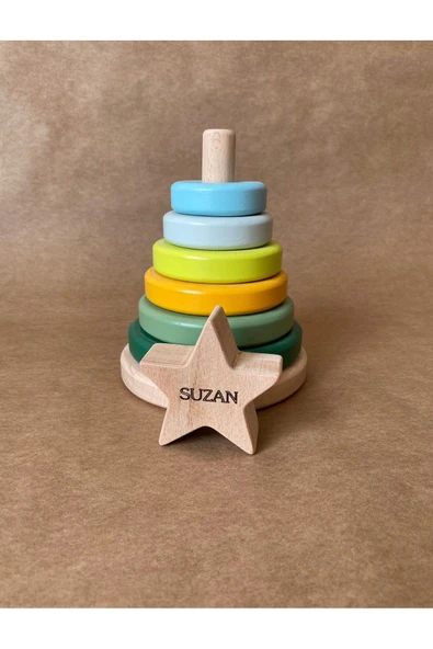 İsme Özel Ahşap Yıldız Halka Kule | Montessori Eğitici Oyuncak & Dekoratif Ahşap Hanoi - 2