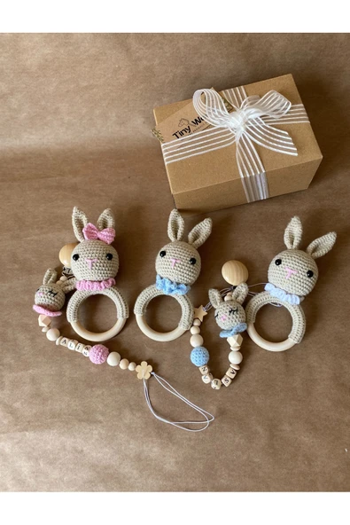 Organik Yeni Doğan Bebek İsimli Emzik Askısı Hediye Seti, Yenidoğan Hoşgeldin Bebek Hediye Kutusu - 6