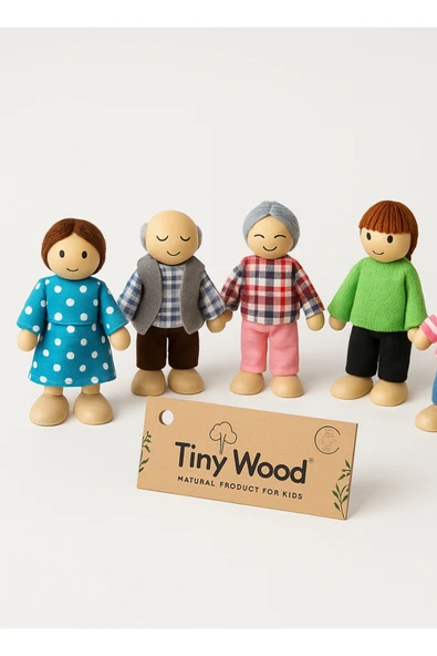 Ahşap Kukla Aile Seti 6'lı – Montessori Eğitim Oyuncağı, Oyun Evi Figürleri - Resim 2