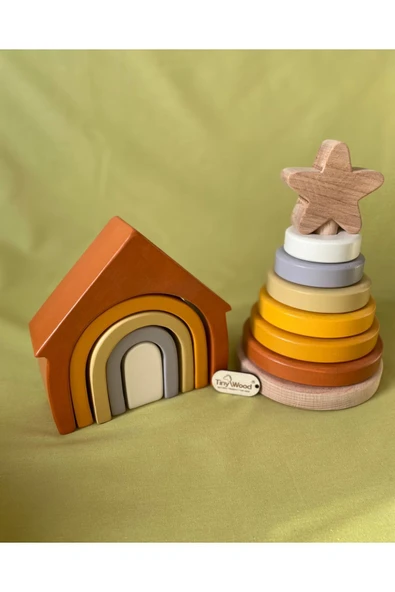 Waldorf Gökkuşağı Ev Ve Ahşap Yıldız Kule Renkli Doğal Ahşap Eğitici Bebek Çocuk Oyuncak Seti - 4