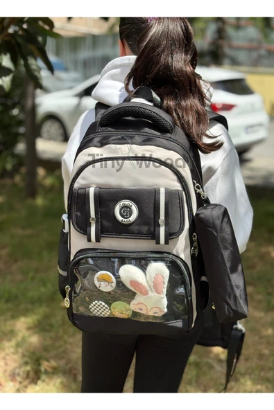 Kawaii Kore Tarzı Aksesuarlı Ve Ergonomik Okul Sırt Çantası Siyah-Bej-Gri| Beslenme, Kalemlik Set - 8