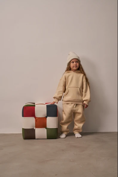 Bej Çocuk Kanguru Cepli Oversize Eşofman Takımı - Resim 5