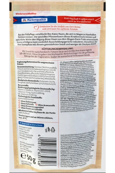 Dein Bestes- Alman Kalitesi- Naturverliebt Anti-Hairball Kedi Ödül Maması- 50gr. Sığır etli - Resim 2