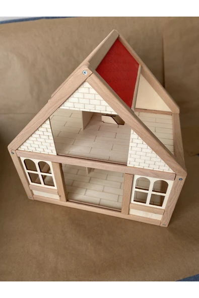 Ahşap Oyun Evi Doğal Ahşap Montessori Oyun Evi Kırmızı Çatılı Ev - Resim 4