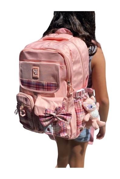 Kız Çocuk İlköğretim Çantası Ultra Hafif ilkokul / Ortaokul Okul Çantası Pembe- Pudra Ekose Cep - 3