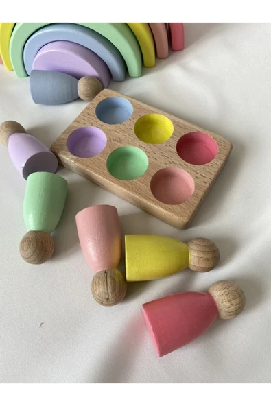 7'li Waldorf Gökkuşağı, Yıldız Kule, Peg Bebek Tabla Seti, Waldorf Eğitsel Ahşap Oyuncak Jumbo Set - Resim 3
