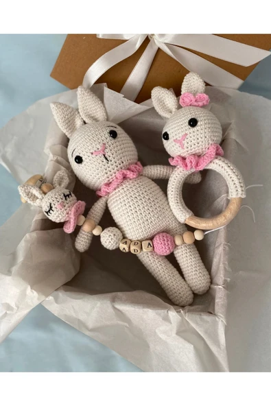Amigurumi Tavşancık Hediyelik Yenidoğan 3 Lü Set, Kız Bebek Hoşgeldin Bebek Hediye Seti - 2