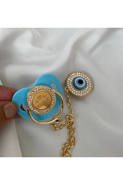 Altın Kaplama Nazar Boncuklu Zirkon Emzik Seti – Maşallah İğnesi & Bebek Künyesi Dahil - 5