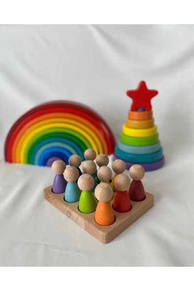 12'li Waldorf Gökkuşağı, Yıldız Kule, Peg Bebek Tabla Seti, Waldorf Eğitsel Ahşap Oyuncak Jumbo Set - Resim 7