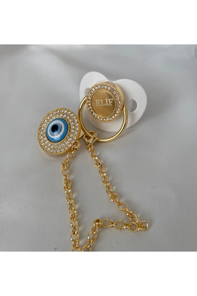 Altın Kaplama Nazar Boncuklu İsimli Emzik Zinciri Seti – Kişiye Özel Zirkon Taşlı Bebek Emziği - 5